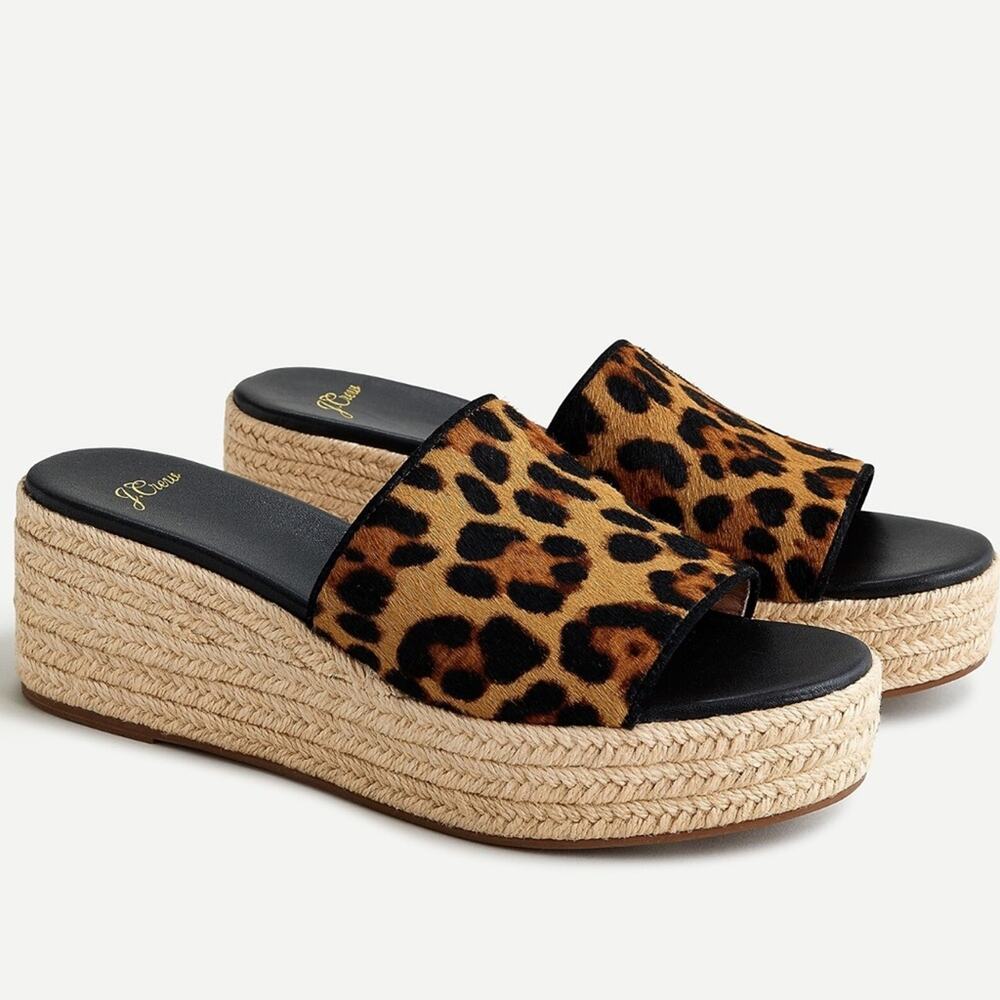 J.Crew Wedge Heel Platform Slide Sandals In Leopard Calf Hair Size 5.5